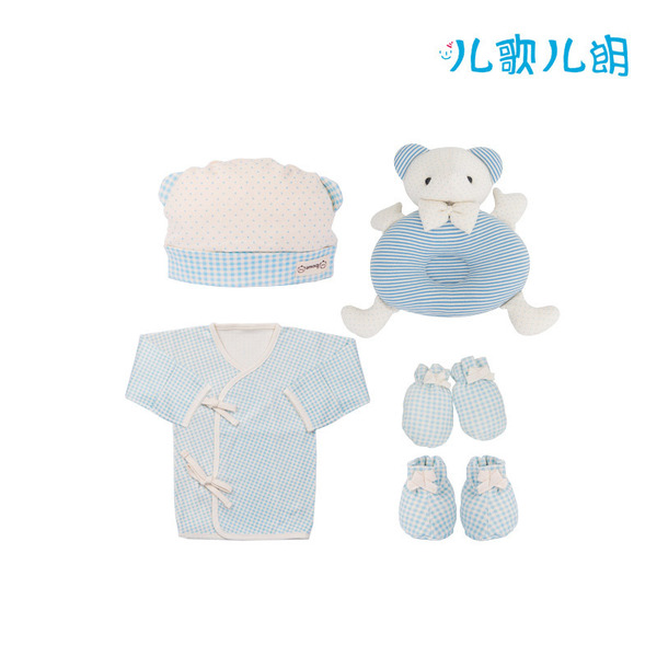 婴儿和尚服上衣+小新娃娃枕(Bear)+婴儿帽+手套,脚套 Blue